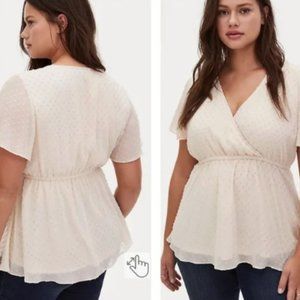 Torrid Lily Ivory Swiss Dot Surplice Babydoll Romantic Short Sleeve Blouse 1 1X
